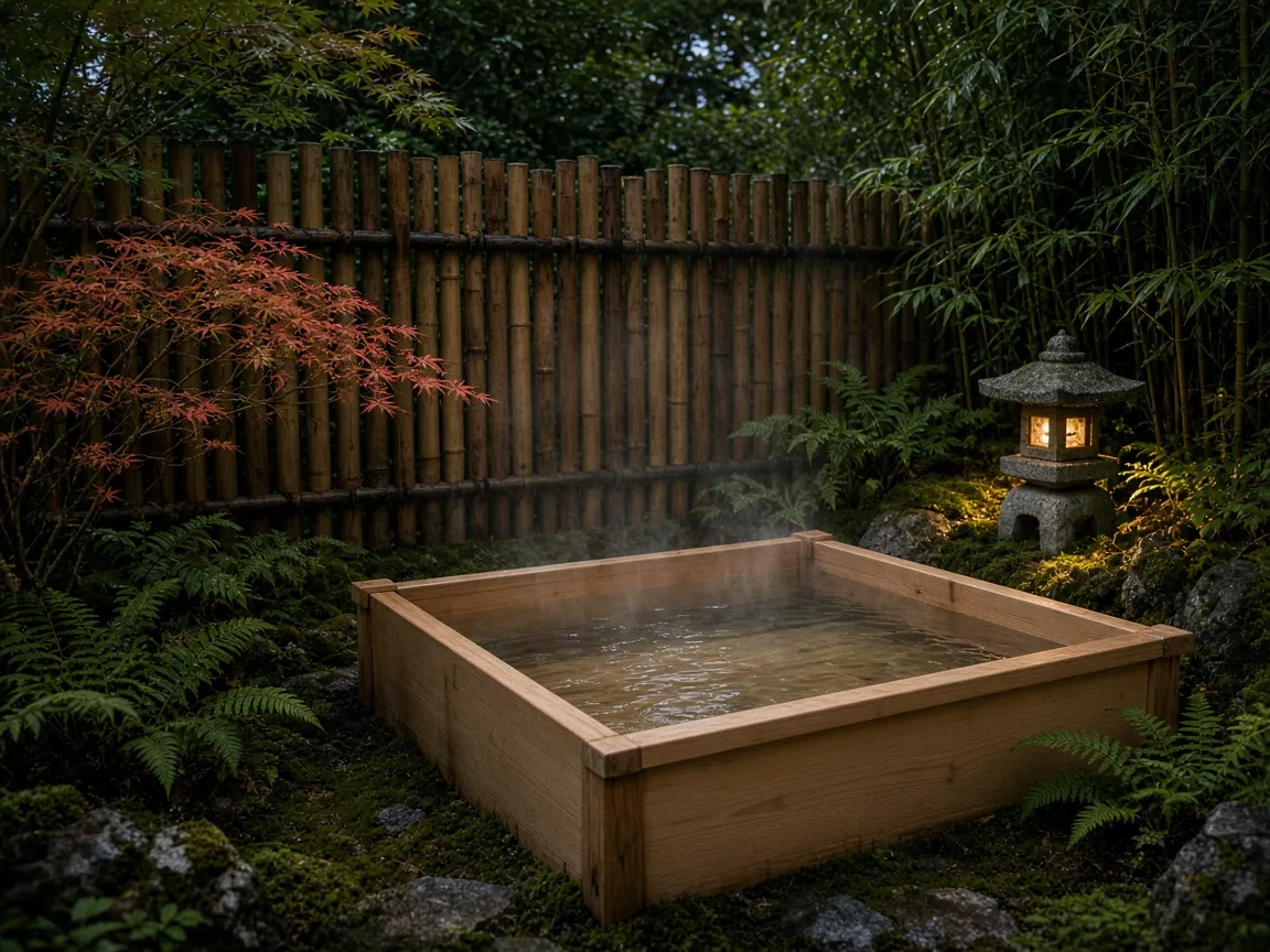 夕方の灯籠と竹垣に囲まれた檜の露天風呂