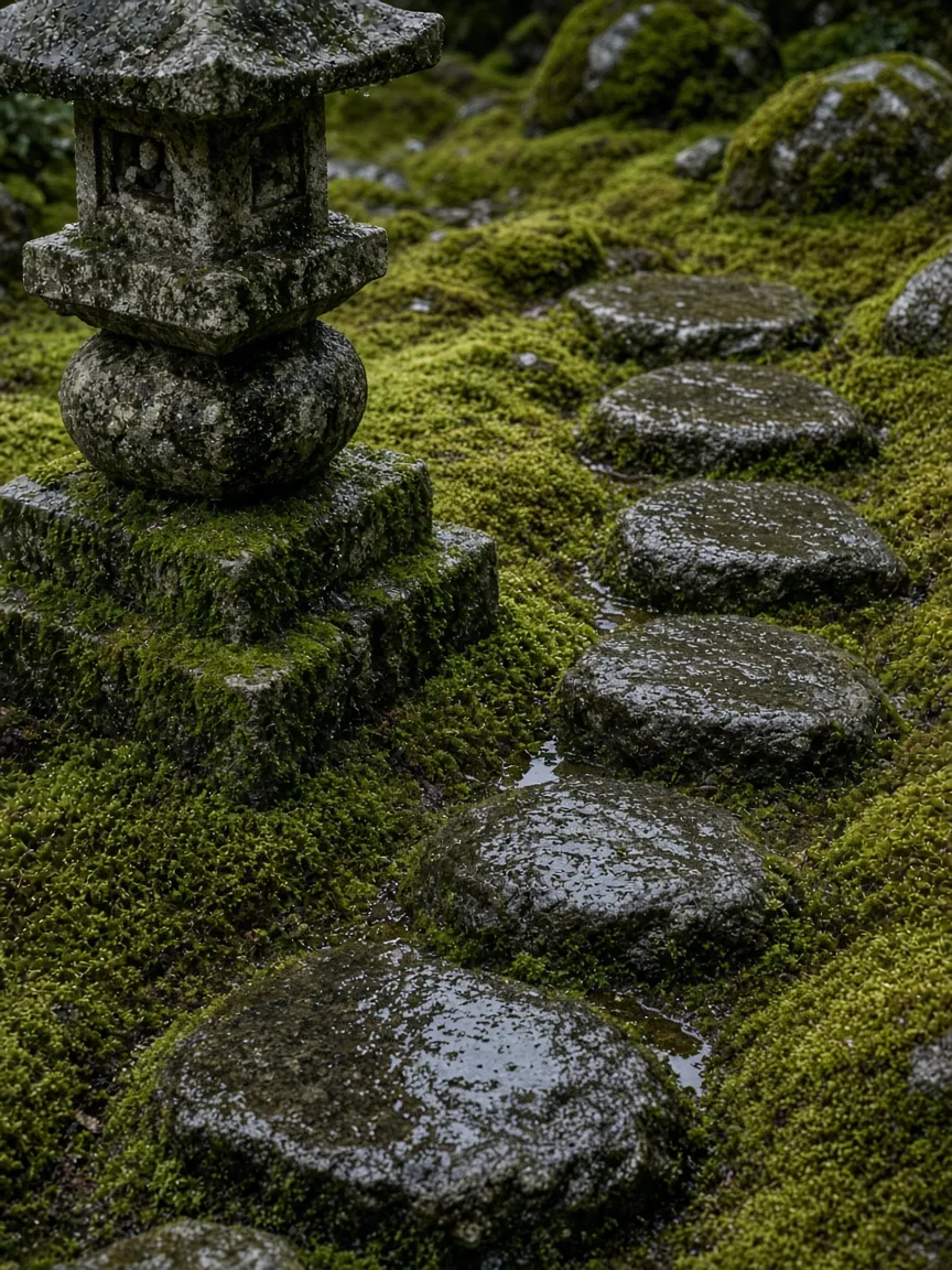 雨上がりの苔庭と石灯籠、飛び石